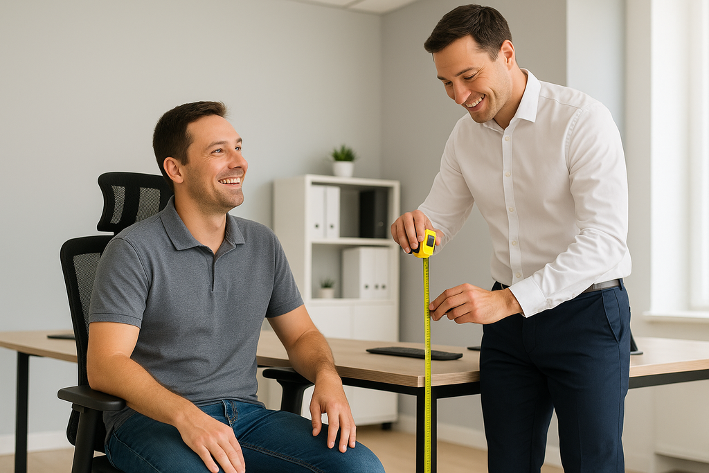 the standing worker should be looking at the tape measure. His right hand should be holding the end of the tape at the floor. His left hand should be holding the body of the tape measure, just above the surface of the desk.