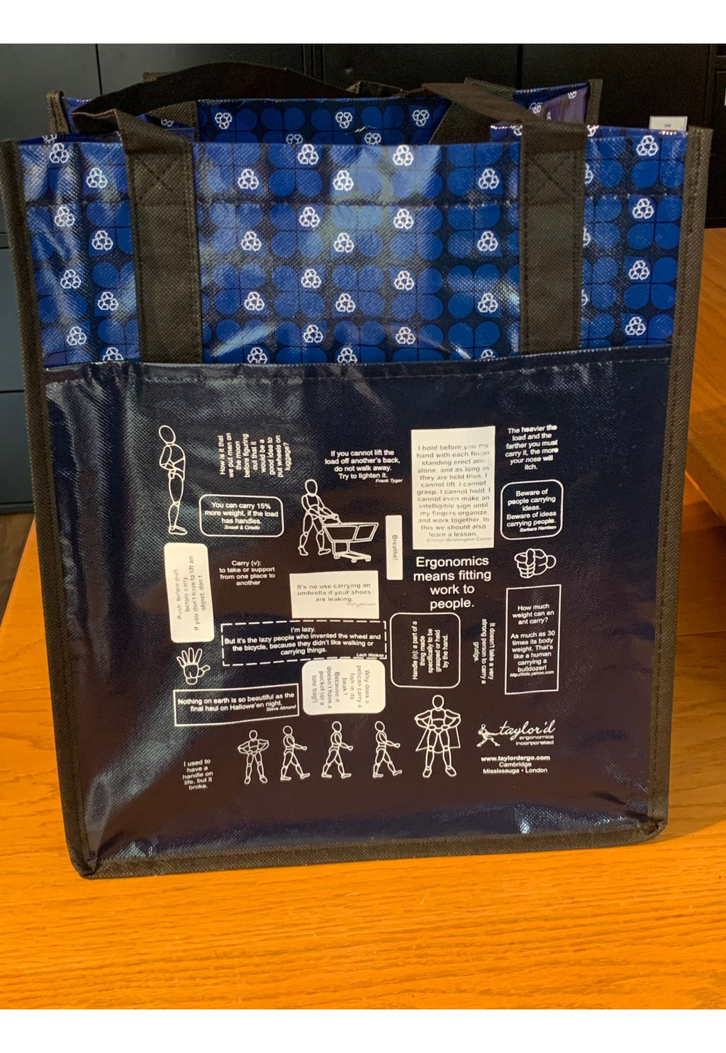 grocery tote with ergonomics message