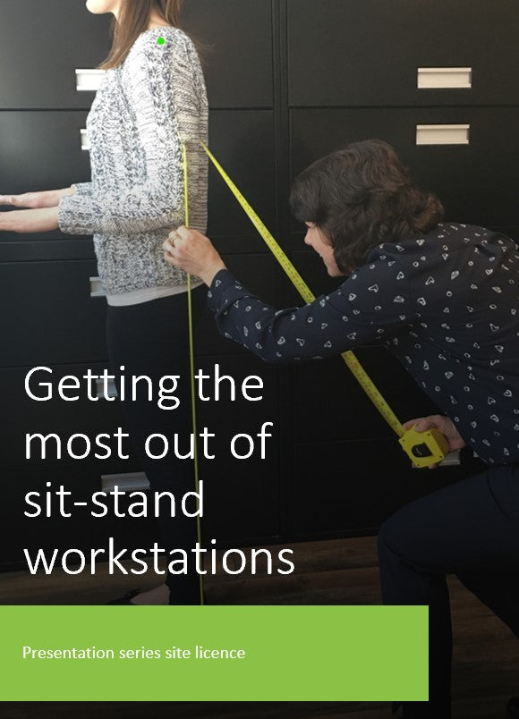 ergonomist measuring standing worker for sit-stand desk to represent one aspect of the sit-stand presentation licence