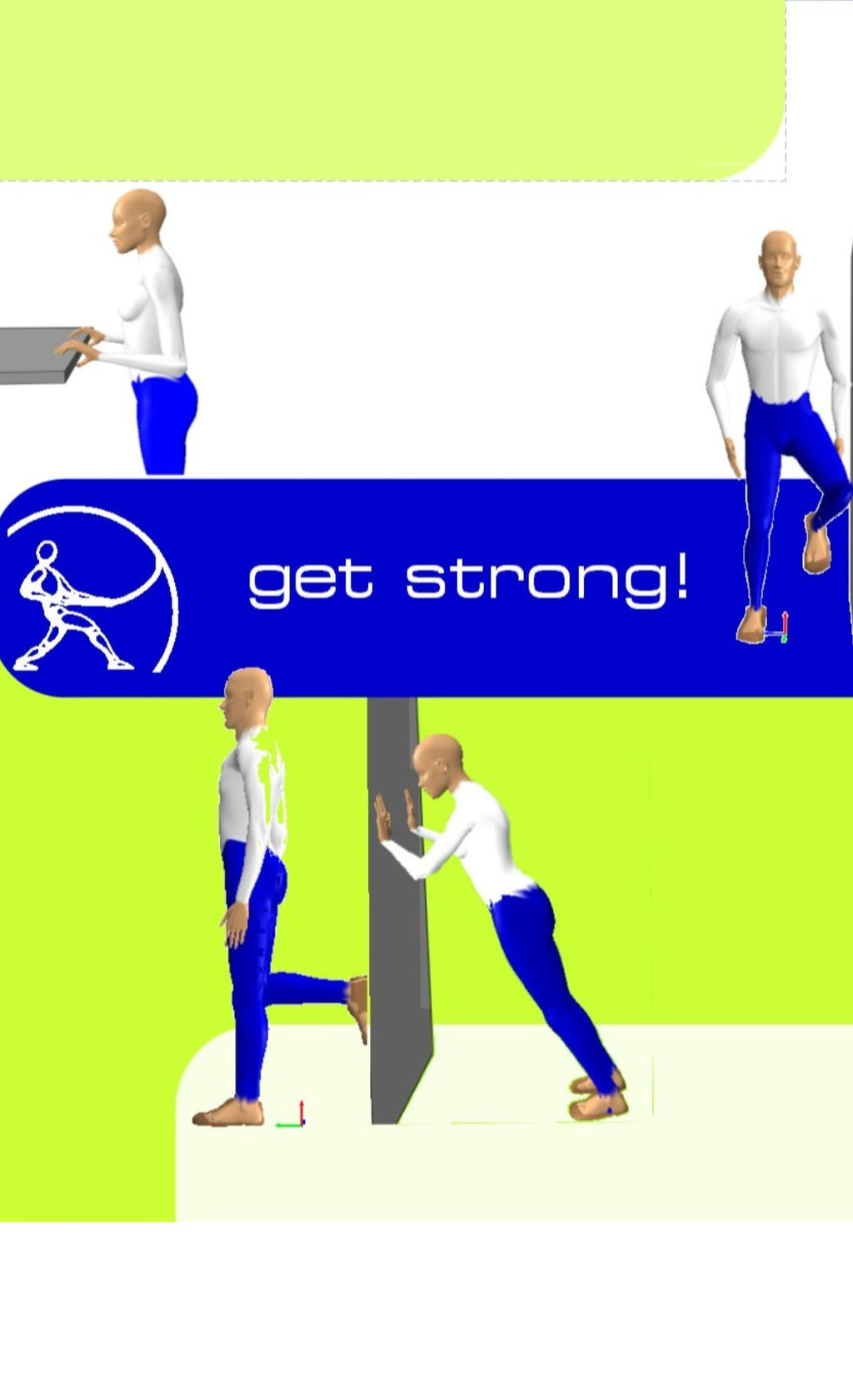 graphic showing mannequins demonstrating strengthening exercises that are promoted on the get strong poster